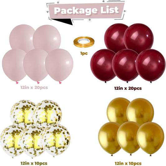 Pink Burgundy Gold Balloons Confetti Metallic Chrome Gold Balloon 60pcs 12inch Wine Red Gold Light Pink Latex Helium Balloon for Wedding Bridal Anniversary Maroon Party Decorations