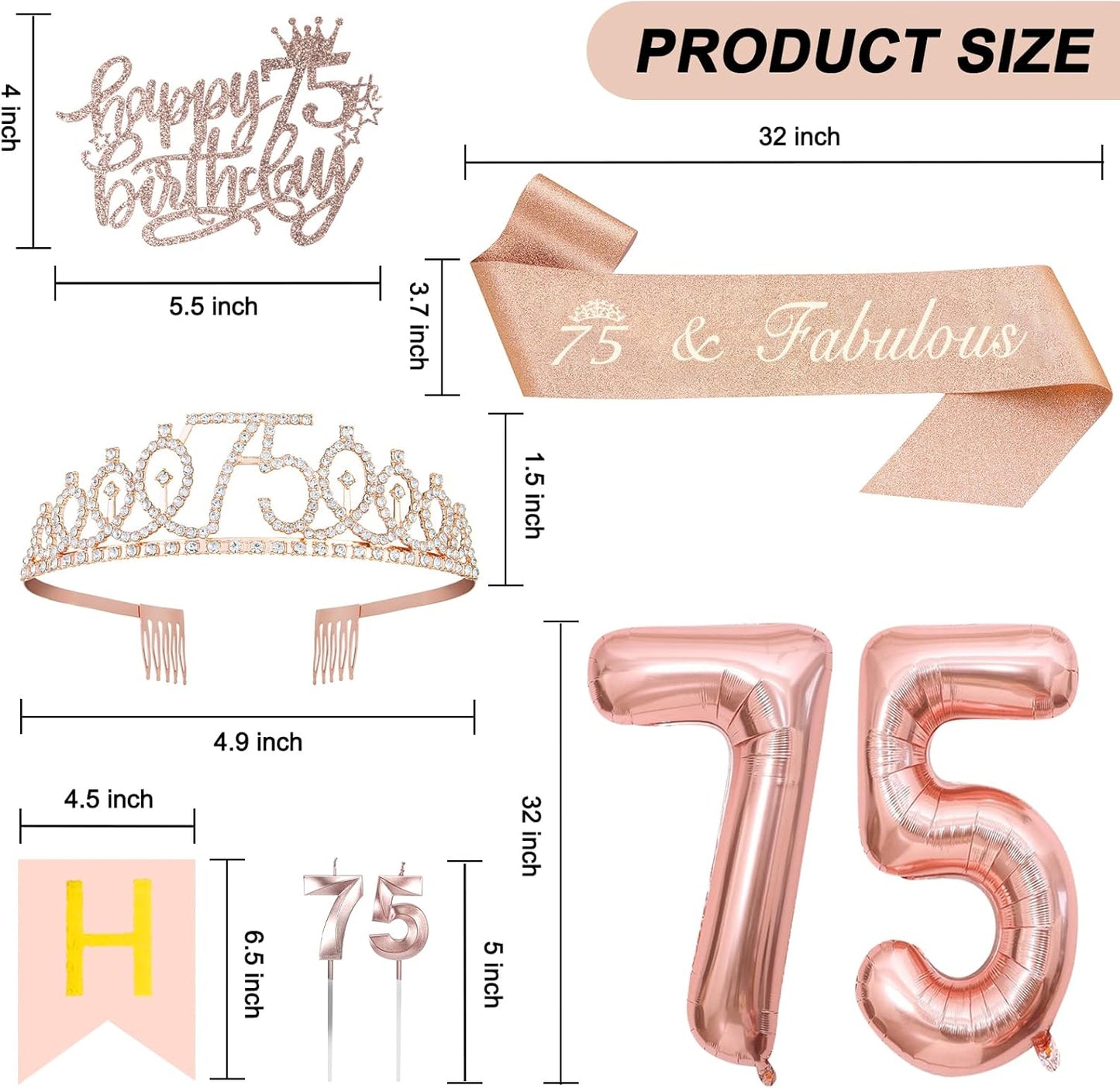 75th Birthday Decorations for Women, Including 75th Tiara and Sash, Happy Birthday Banner, Cake Toppers, Number Candles and Balloons Set, Rose Gold