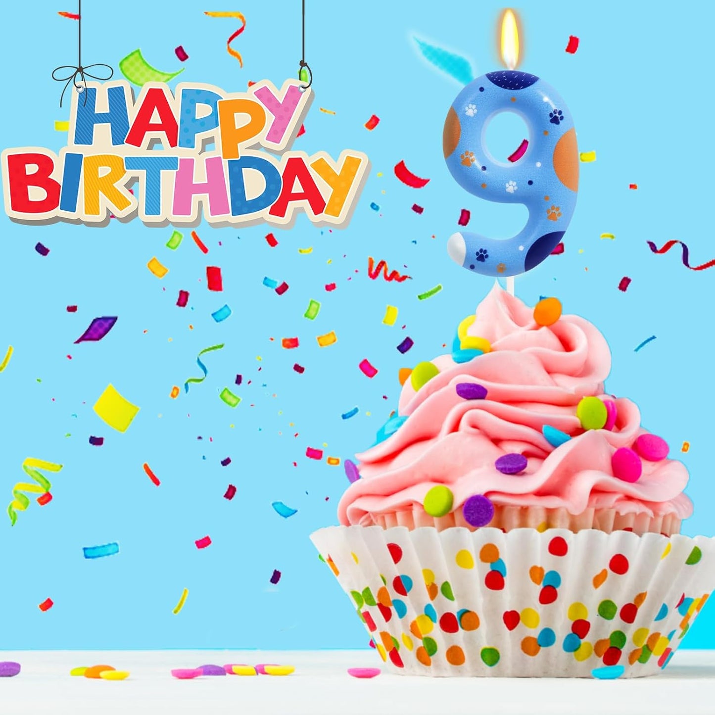 Blue Dog Paw Birthday Candles, Number 9 Paw Print Birthday Party Supplies, 2.76 inch Paw Cake Topper Decorations, Birthday Decorations (Number 9)