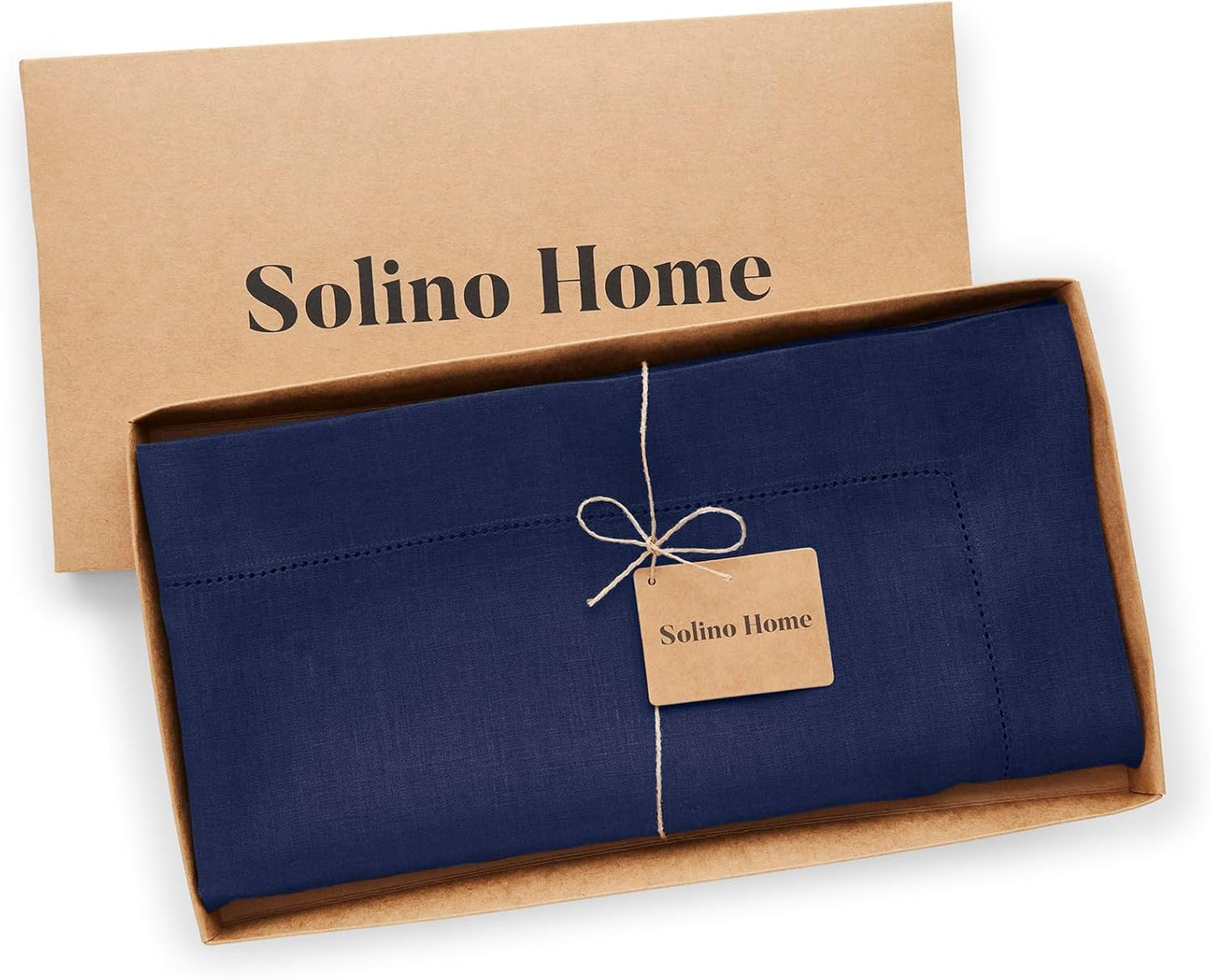 Solino Home Navy Blue Linen Tablecloth 52 x 52 Inch - 100% Pure Linen Square Table Throw - Classic Hemstitch, Machine Washable Table Cloth for Fall, Autumn, Thanksgiving, Christmas, Holiday