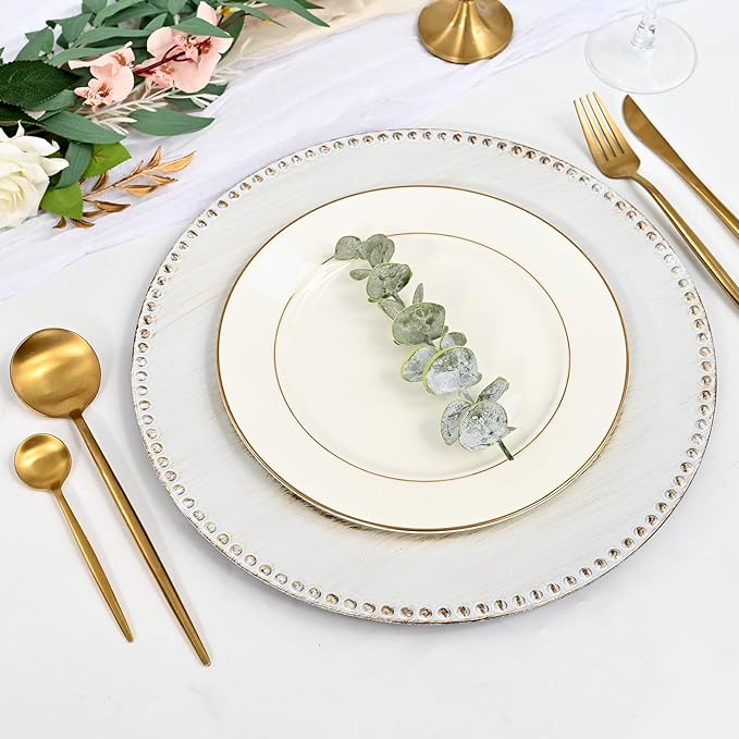50 Pcs Vintage Bulk Plates, 13" Round White Decorative Plastic Table Chargers for Wedding, Holiday, Baby Shower
