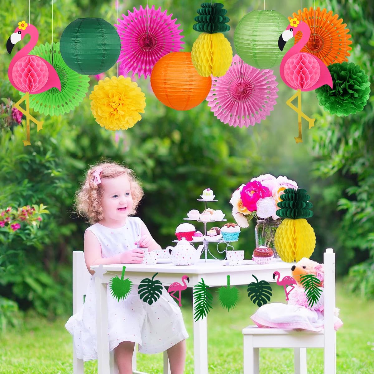 Yuxiou Flamingo Party Decorations Hawaiian Garland Flamingo and Pineapple Honeycomb Decorations Paper Lanterns Fans Pom poms Flowers for Birthday Luau Tropical Bachelorette Party