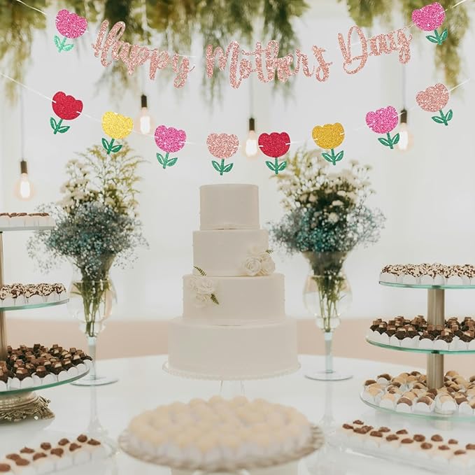 Happy Mother's Day Banner Set Decoration for Mother's Day Party Decorations Backdrop Garland for Mom Mother's Day Glitter Garland Photo Props (Rose Gold Tulip)