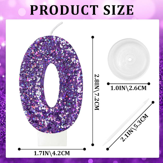 Birthday Number Candles, Glitter Number Candle Cake Decorations with Sequins, Cupcake Decorations for Girls, Women, Party Anniversary Celebrations (Number 0, Purple)