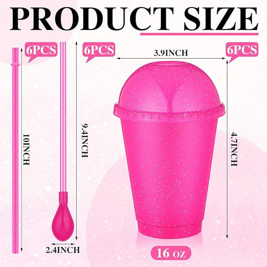 6 Set Slushie Cups with Dome Lids and Straws Detachable Spoon Straws Reusable Plastic Iced Coffee Cups Smoothie Tumbler for Birthdays Summer Party Supplies(Rose Red,16 oz)