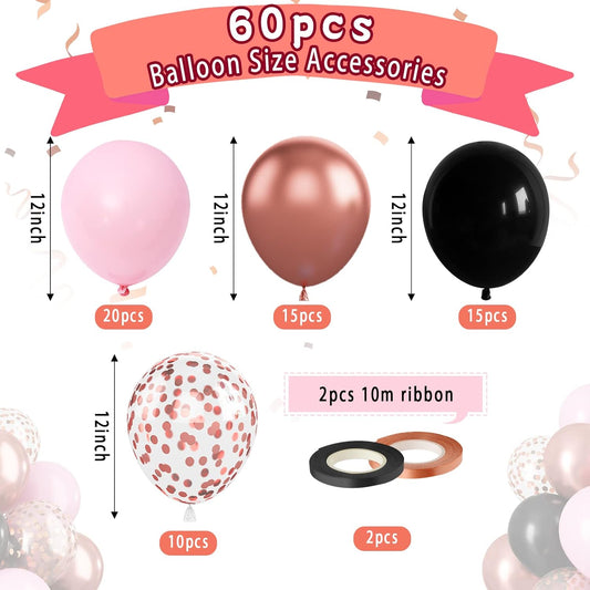 Paready Black Pink Latex Balloons, 60 Pcs 12 Inch Metallic Rose Gold and Confetti Balloons for Girls Birthday Baby Shower Engagement Anniversary Wedding Bridal Shower Party Graduation Decoration