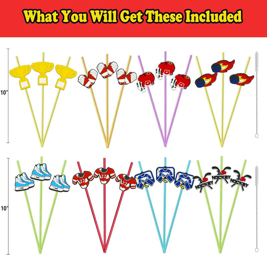 24 pcs Ice Hockey Theme Straight Reusable Straws for Ice Hockey Sports Party Favors, Daily Drink Straws, Birthday Party, Class Reunion, Sports Party Supplies with 2 Cleaning Brush. (6 colors)