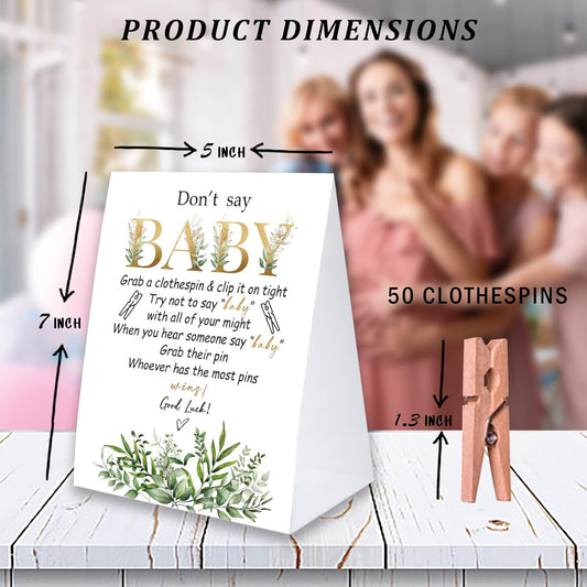 Don't Say Baby Game For Baby Shower Clothespin Game, One 5x7 Coated Paper Sign And 50 Natural Clothespins, Greenery Theme, Gender Neutral -NDSBB41