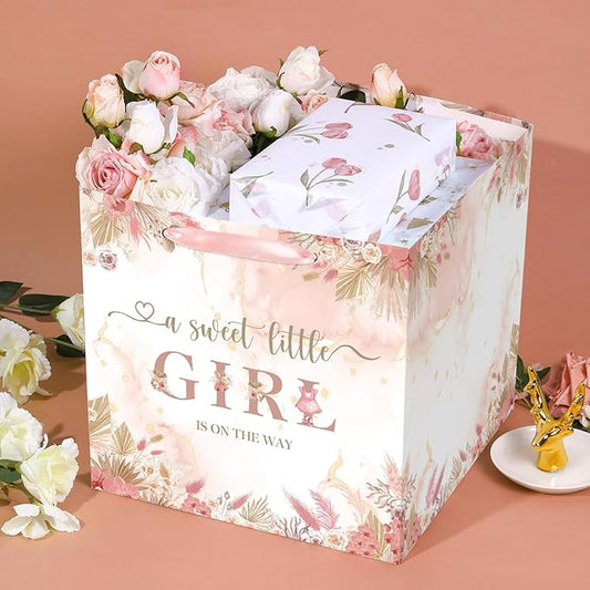 Large Boho Baby Girl Gift Bag, Baby Shower Square Gift Bag Pink Floral Jumbo Gifts Bag with Tissue Paper A Sweet Little Girl is on The Way Wrapping Paper Bag for Baby Shower Gender Reveal Party Favors