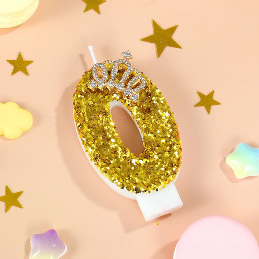 Gold Birthday Candle Crown Number 0 Candle with Sequins Cake Candles Cupcake Decorations Party Decor for Anniversary Celebrations Supplies