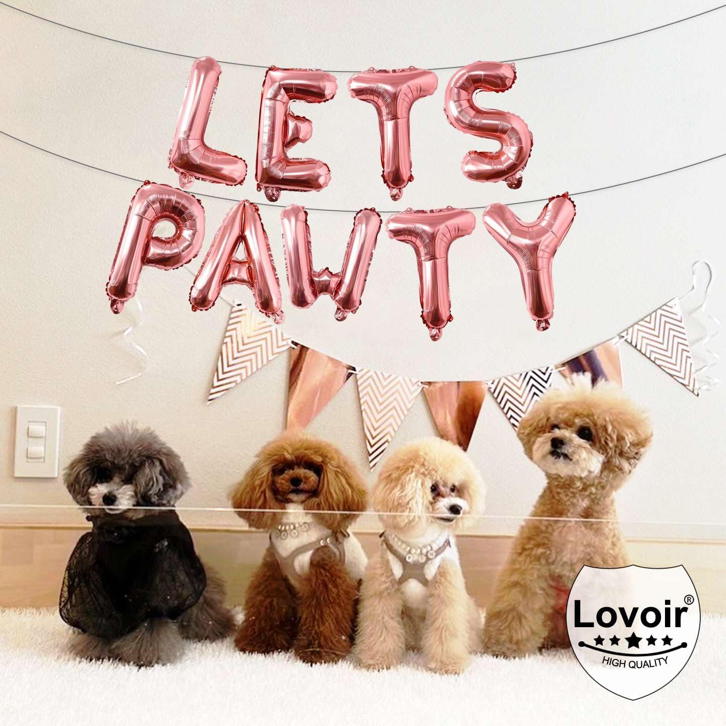 9 Pcs Lets Pawty Balloons Banner 16 Inch, Dog Cat Pet Birthday Letters Sign Lets Pawty Balloons Happy Birthday Banner for Pet Dog Cat Party Supplies Decorations (Rose Gold)