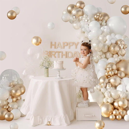 CROSSFINGERS Pearl Champagne Gold and White Balloon Garland Arch Kit, Double Stuffed 168pcs Pearl White Balloons for Birthday Wedding Baby Shower Bridal Shower Engagement Party Decoration