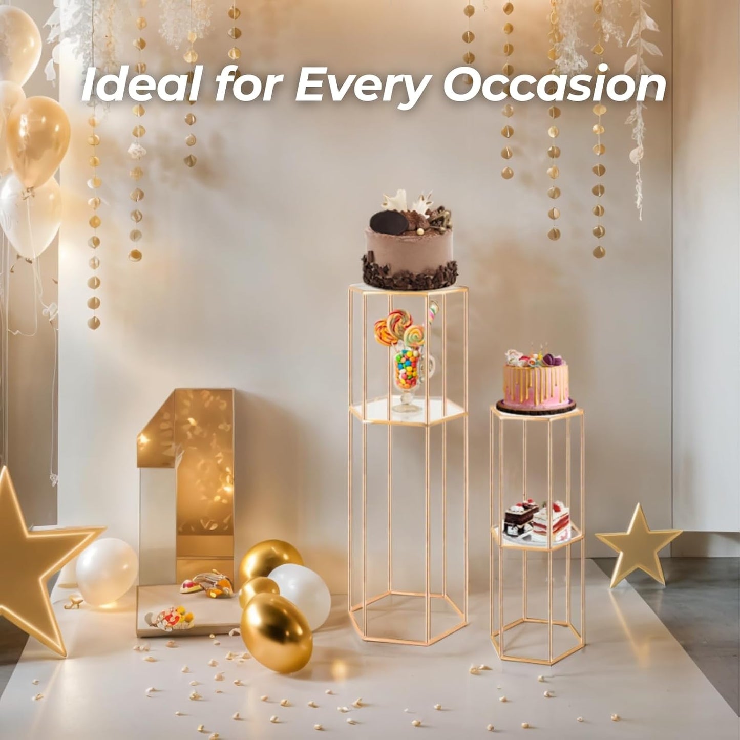 3PCS 2 Tier Hexagon Gold Cake Stand for Party, Tall Metal Pedestal Stands for Display Decoration, Flower, Plant, Birthday, Wedding, Baby Shower, Bridal Shower, Cylinder Column for Desserts