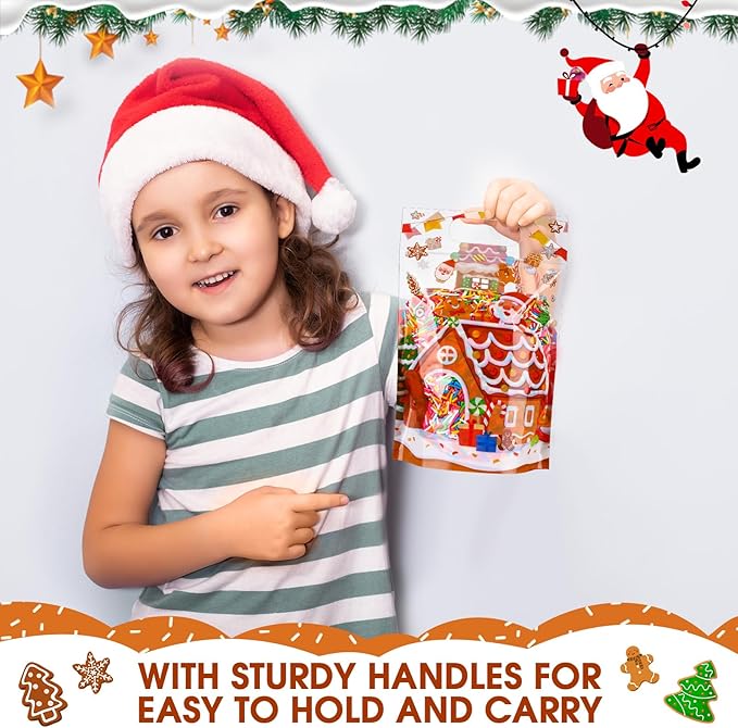 Blosssound 50 Pcs Christmas Party Gift Bags Gingerbread House Favor Bags Xmas Holiday Plastic Bags with Handle for Christmas Holiday Party Candy Guests Gift Wrapping Supplies Decor (Gingerbread House)