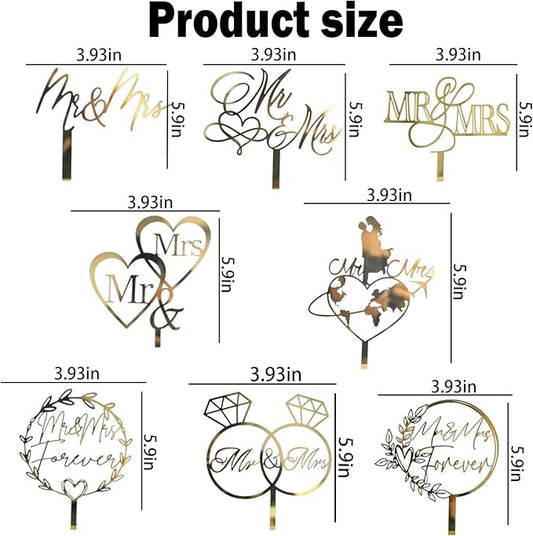 8Pcs Gold Mr & Mrs Acrylic Cake Topper Mirror Acrylic Wedding Cake Decoration for Wedding Engagement Anniversary Cake Decor Supplies