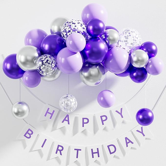 Purple and Silver Balloons,12 Inch 60pcs Pastel Purple Balloon with Silver Confetti Balloon,Lavender Balloons for Mother's Day Birthday Baby Shower Graduation Wedding Party Decorations