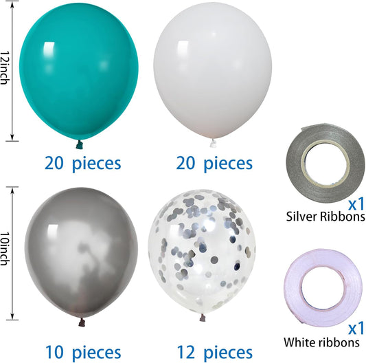 62Pcs 12Inch White Silver Teal Blue Balloon Arch Kit, Matte White Metallic Silver Confetti Party Balloons with Ribbons for Birthday, Wedding, Baby Shower, Graduation Decorations