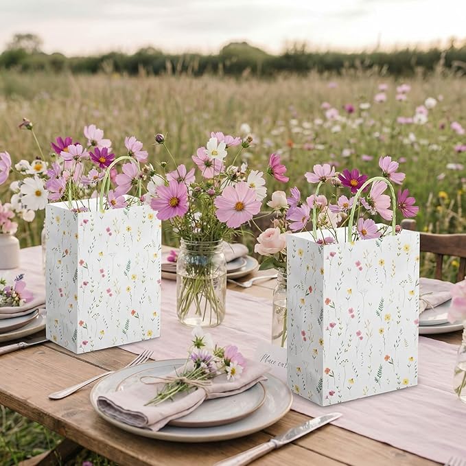 Marspark 24 Pcs Spring Wildflower Paper Gift Bags for Wedding Bridal Baby Shower Engagement Birthday Party Supplies Floral Treat Bag with Handles Candy Goodie Bags for Guests