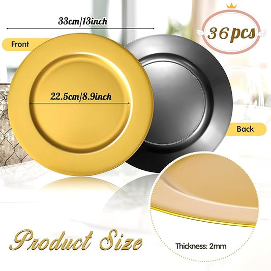 36 Pcs Golden Charger Plates Bulk,13 Inch Plastic Gold Plates Dinner Round Tray Charger Tableware Dish for Table Setting Wedding Holidays Party Decor