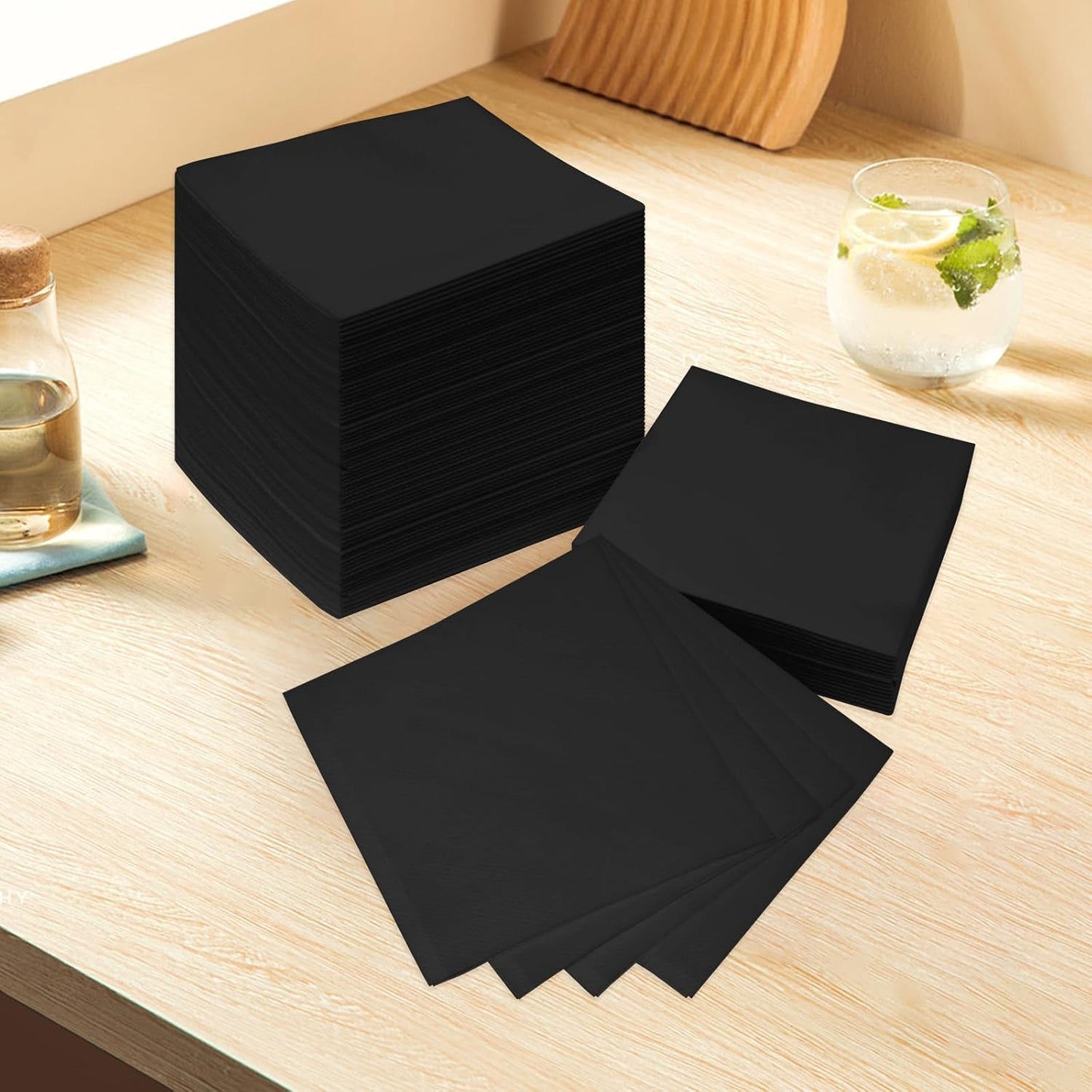 Black Linen-Feel Beverage Napkins - 200PCS Disposable Cocktail Napkins, Soft & Absorbent, 1/4 Fold, 5" x 5" Black Napkins Cloth for Bar, Café, Party, Wedding Or Event