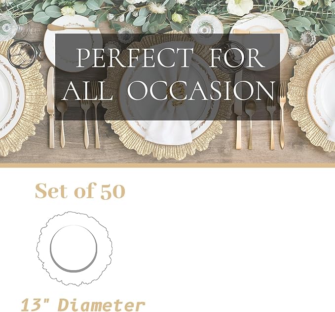 MAONAME 13" Gold Charger Plates Set of 50, Reef Plate Charger Bulk, Round Chargers for Dinner Plates, Plastic Table Chargers for Wedding Decor