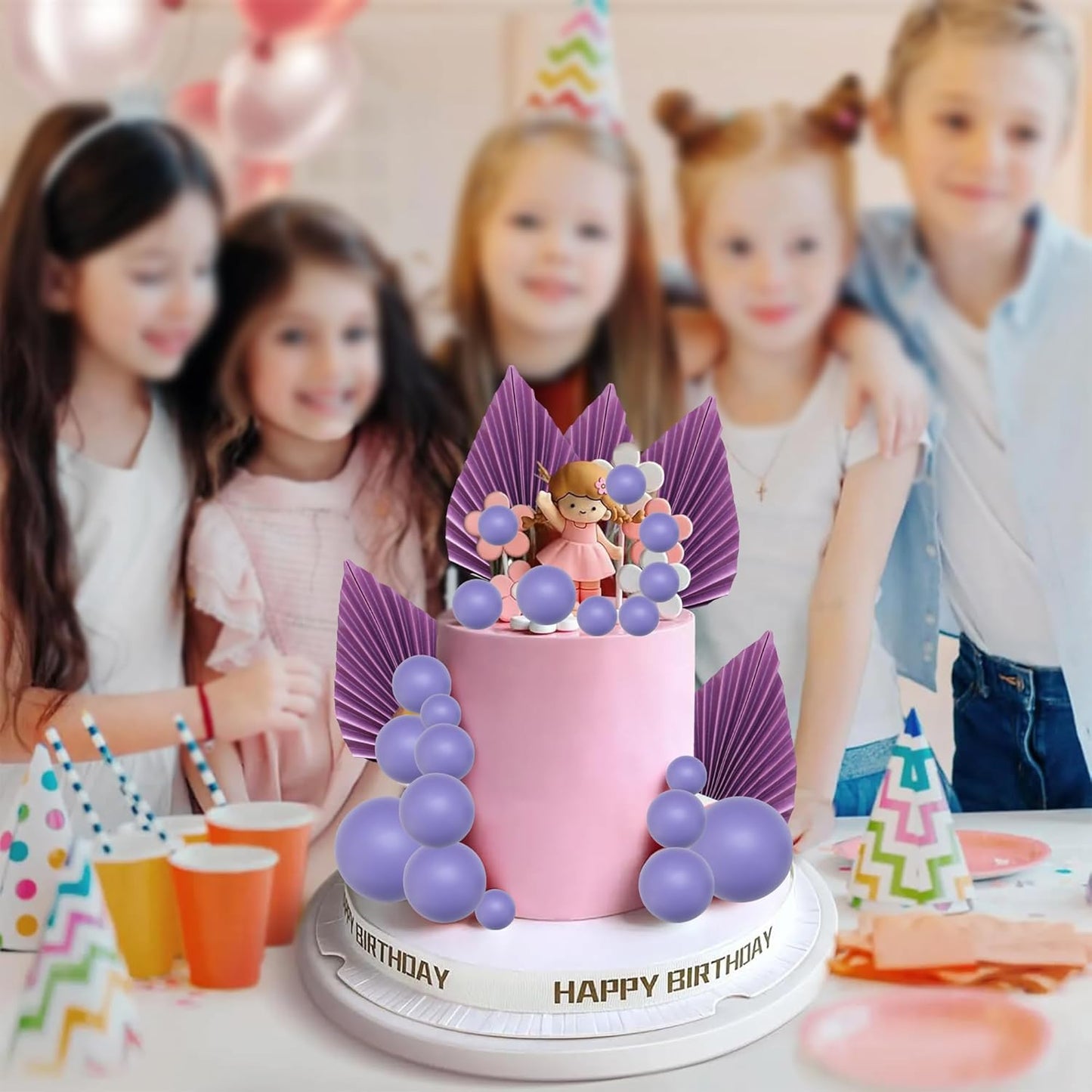 Ephlyn 28Pcs Paper Palm Fan Cake Topper Balls Cake Pick Wedding Bridal Shower DIY Cake Decorations for Baby Shower Wedding Birthday Anniversary Party Supplies Purple