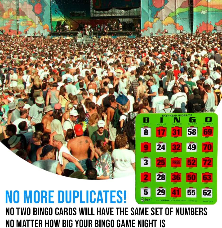 Regal Bingo - Shutter Slide Bingo Cards Only - 8” x 9” - 5-Ply Green Cardstock - Easy to Read - No Duplicates - Red Sliding Windows - Perfect for Large Groups, Bulk Purchasing