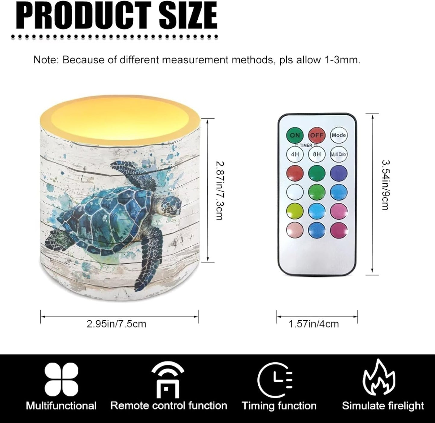 Poceacles 4 Piece Flameless LED Candles with Remote, Plastic Battery-Powered Candles with 12 Colors Changing Decorative Night Light for Home Holiday Decor, Watercolor Sea Turtle Wood Grain