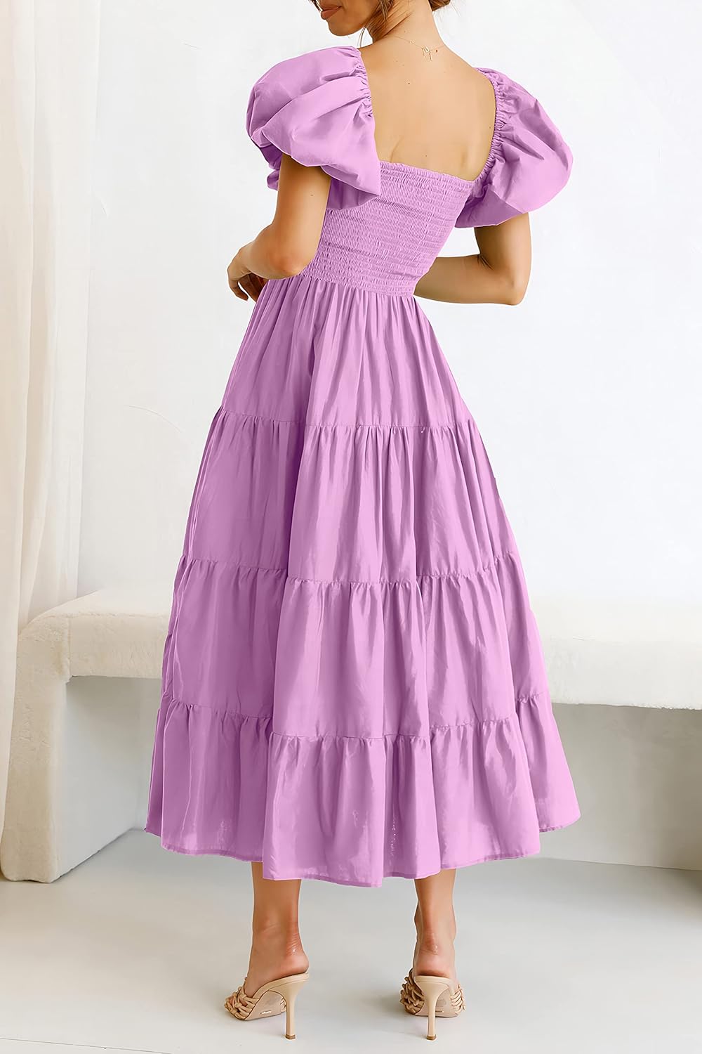PRETTYGARDEN Women's Casual Summer Midi Dress Puffy Short Sleeve Square Neck Smocked Tiered Ruffle Dresses