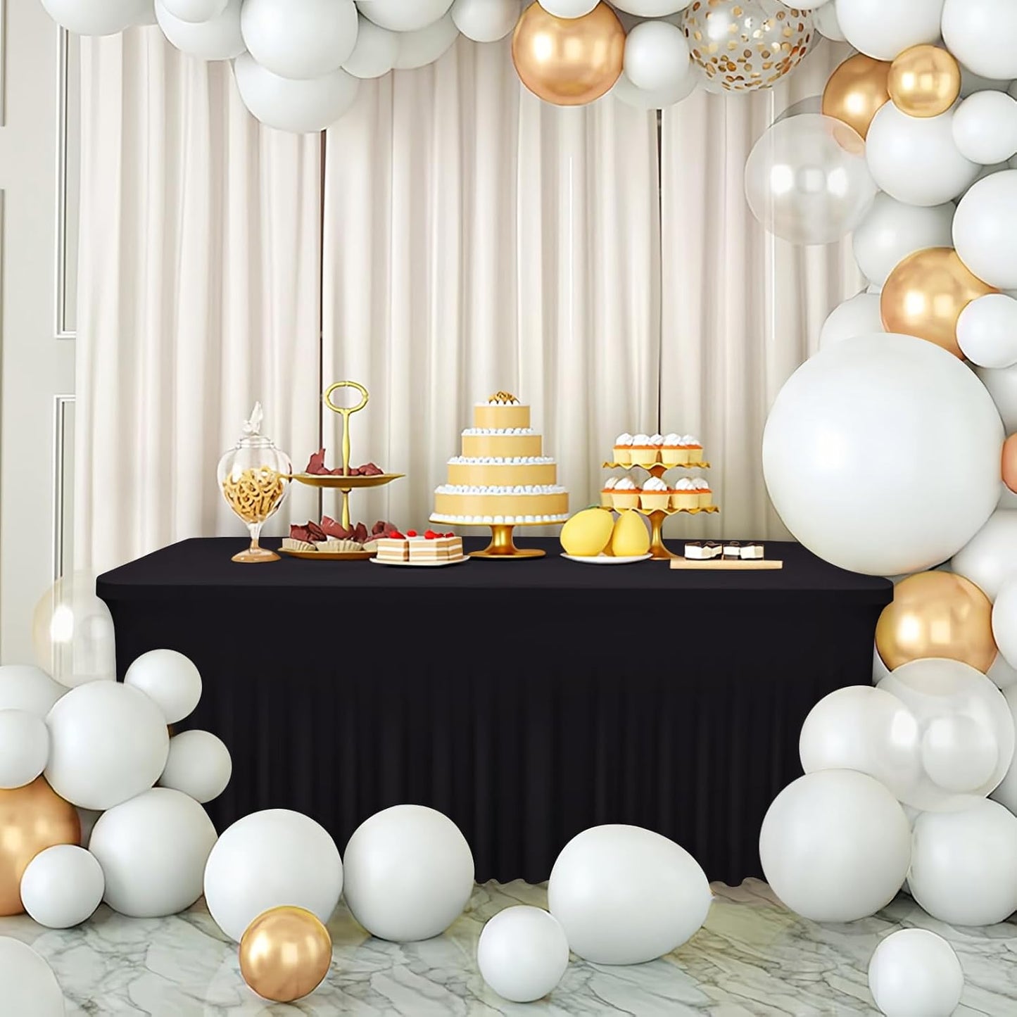 Table Skirts for Rectangle Tables 8ft - 2PCS Black Table Covers for 6 Foot Tables, Wrinkle Resistant Ruffles Elastic Table Cover and Table Skirt for Banquets/Weddings/Parties