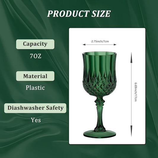 12PCS 7OZ Dark Green Wine Plastic Glasses Drinking Champagne Glasses Flutes Crystal Vintage Water Unbreakable Goblets for Christmas, Wedding, Parties