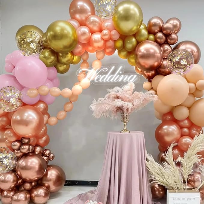 Pink and Gold Balloon Garland Arch Kit, 167Pcs Metallic Pearl Rose Gold Pastel Pink Nude Latex Balloons for Women Girl Princess Birthday Engagement Wedding Party Decorations