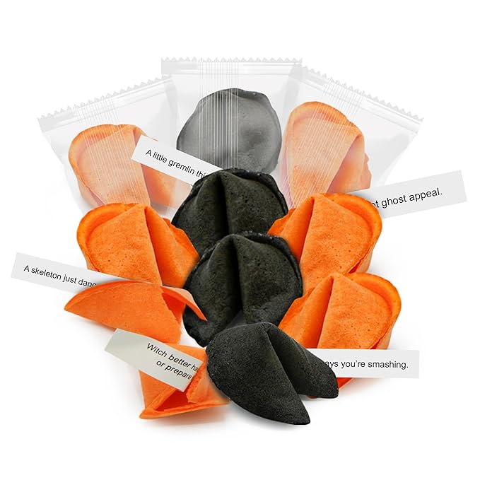 4E's Novelty Halloween Fortune Cookies Bulk - 50 Individually Wrapped with 50 Funny & Scary Fortune Cookies Sayings for Kids & Adults, Trick-or-Treat Perfect for Halloween Party