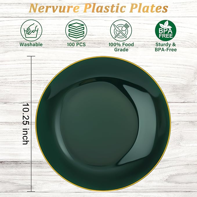 Nervure 100Pcs Green and Gold Plastic Plates - 10.25inch Disposable Green Dinner Plates - Heavy Duty Plastic Plate Ideal for Wedding & Party (Pack of 2)