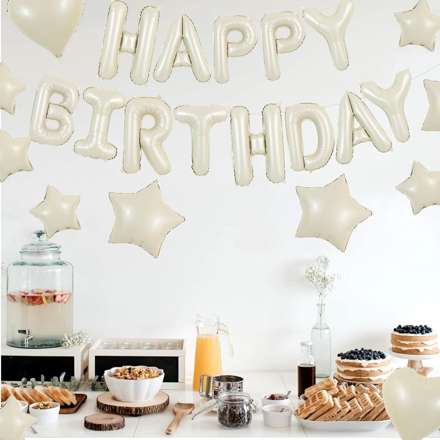 TONIFUL 31PCS Cream White Happy Birthday Decorations 16 Inch Happy Birthday Balloon Banner with Star Heart Balloons Mylar Foil Birthday Party Decorations Supplies for Men Women Adults Girls Boys Kids