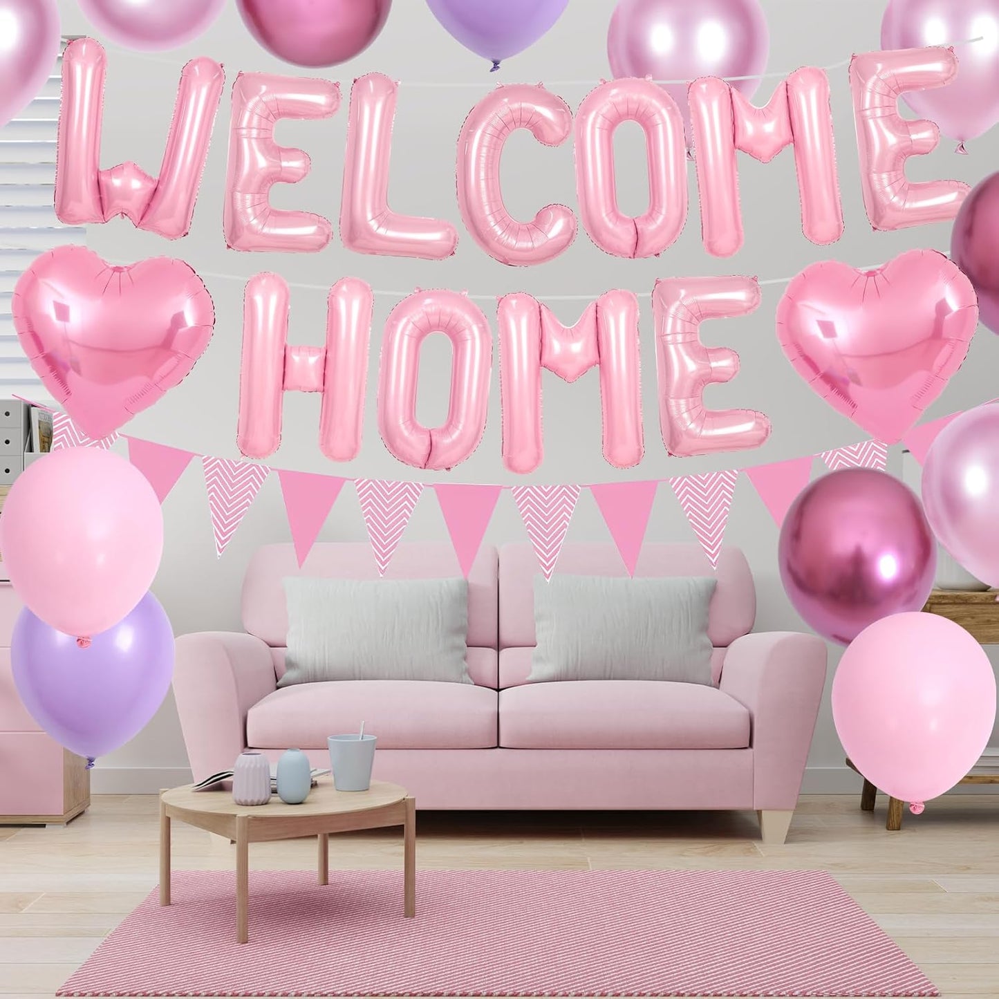 Welcome Home Decorations Pink,Welcome Home Foil Balloon Banner with Pink Heart Balloons Pennant Flag Bunting for Housewarming Baby Shower Welcome Home Baby Girl Party Supplies