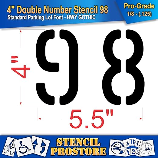 Pavement, Curb, and WheelStop Stencils - 4 inch Double Number Stencil - (98) - 4" x 5.5" x 1/8" (128 mil) - Pro-Grade