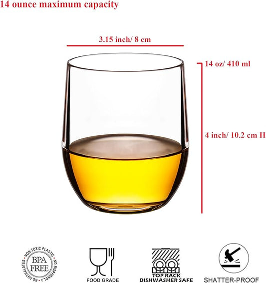 14-ounce Plastic Stemless Wine Glasses, All Purpose Arcylic Glasses, set of 8 Clear Reusable Shatter-resistant Dishwasher Safe