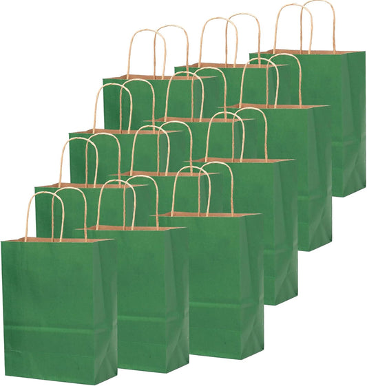 qiqee 100PCS Gift Bag with Handles Bulk Kraft Deep Green Paper Bags Multiple Uses (11"x5"x8"inch Medium Size)