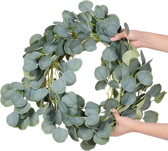 Faux Eucalyptus Garlands for Decoration, Fake Vines for Greenery Backdrop, 2 Pack Artificial Eucalyptus Vines for Wedding Decoration, Leaf Garlands for Table Mantle and Wall Hanging Decoration