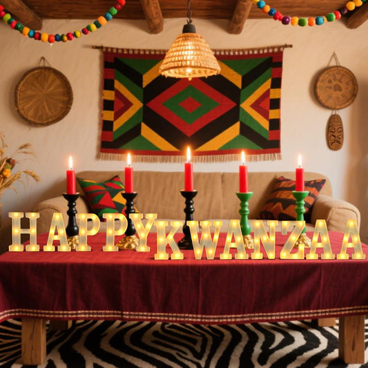 11 Pcs Happy Kwanza Large LED Letter Sign LED Lights Battery Powered Table Decorations for Party Favor Light Centerpiece Tabletop Decoration