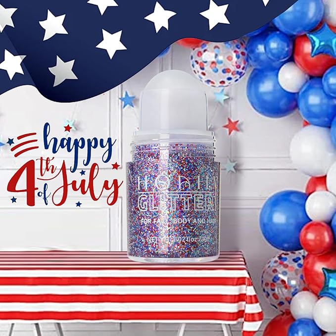 HOSAILY Red White and Blue Roll-on Body Glitter Gel, 4th of July Accessories Holographic Face Glitter Gel, Fourth of July Sequins Makeup for President's Day Patriotic Veterans Day