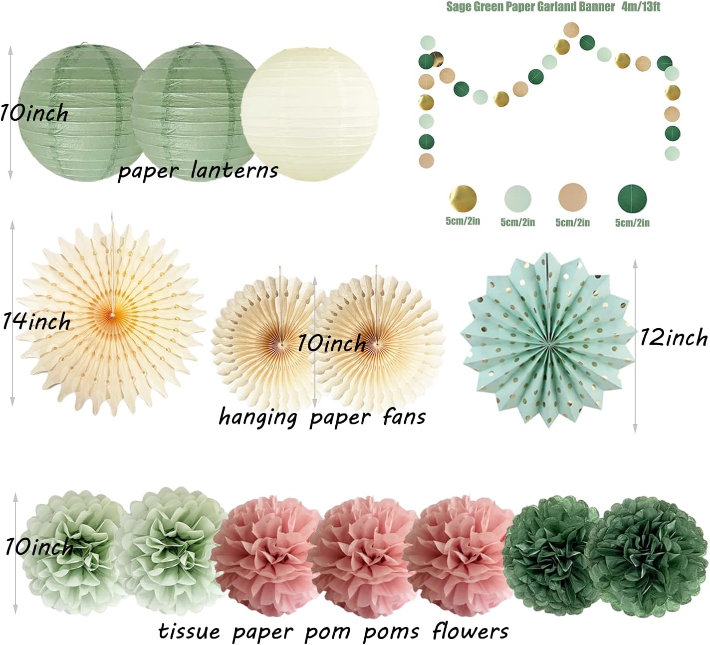 Sage Green and Dusty Pink Party Decorations Green & Pink Party Decor Sage Tissue Pom Poms Paper Lanterns Beige Paper Fans for Women Girls Birthday Wedding Bridal Shower Baby Shower Party Decor