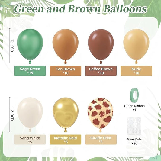 60pcs Safari Balloons, Sage Green Coffee Brown Light Brown Nude Sand White Metallic Gold Balloons for Woodland Jungle Theme Brithday Baby Shower Decorations