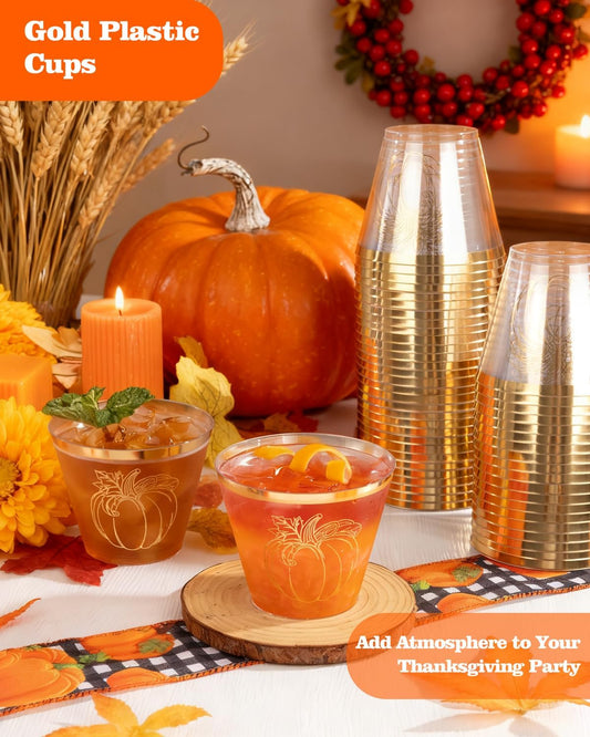 Ciaell 60 PCS Gold Plastic Cups - 9Oz Heavy Duty Plastic Cups - Thanksgiving Disposable Cup - Disposable Clear Wine Cup with Gold Pumpkin for Party & Thanksgiving