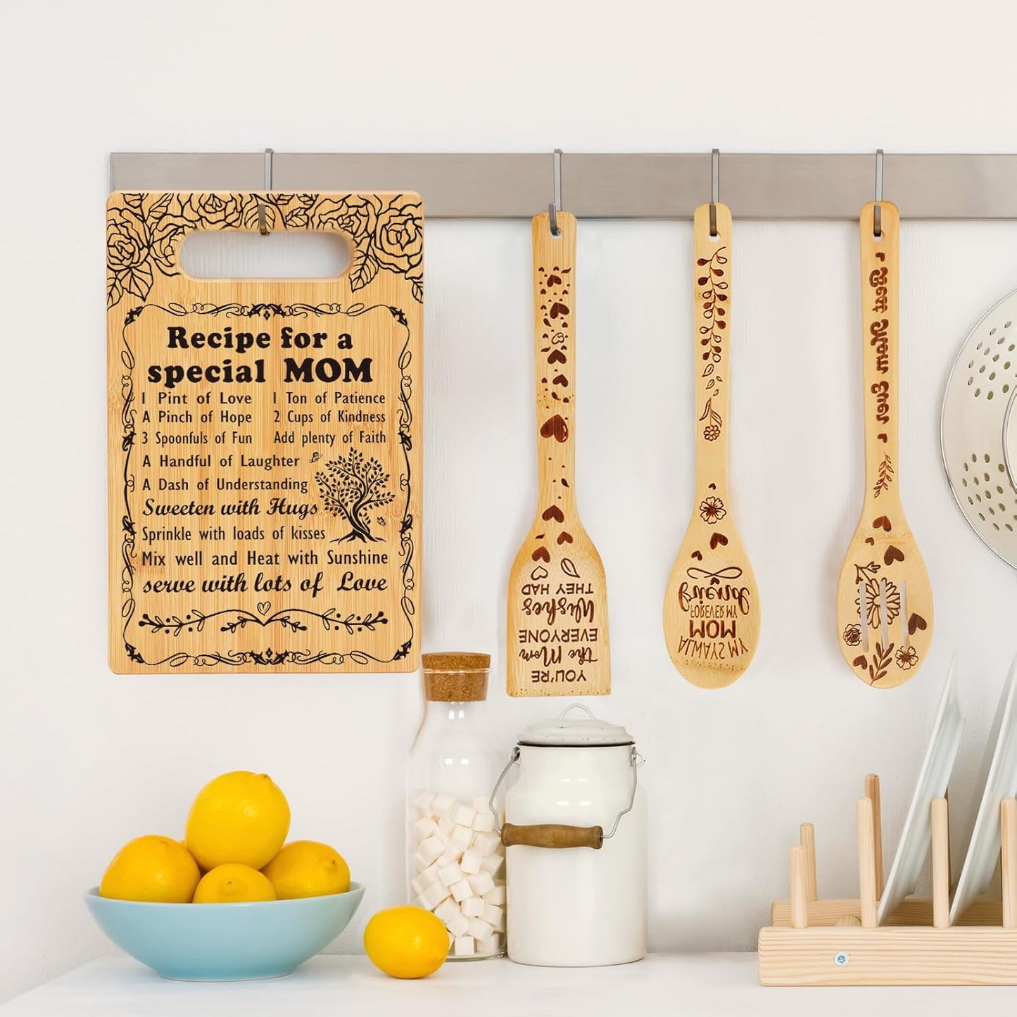 Birthday Gift for Mom, Recipe for a Special Mom- Christmas Birthday Mom Gifts from Daughter Son Cutting Board Set, Engraved Utensil Best Mom Ever Gifts Ideas Mom Gifts for Mother New Mom Step Mom