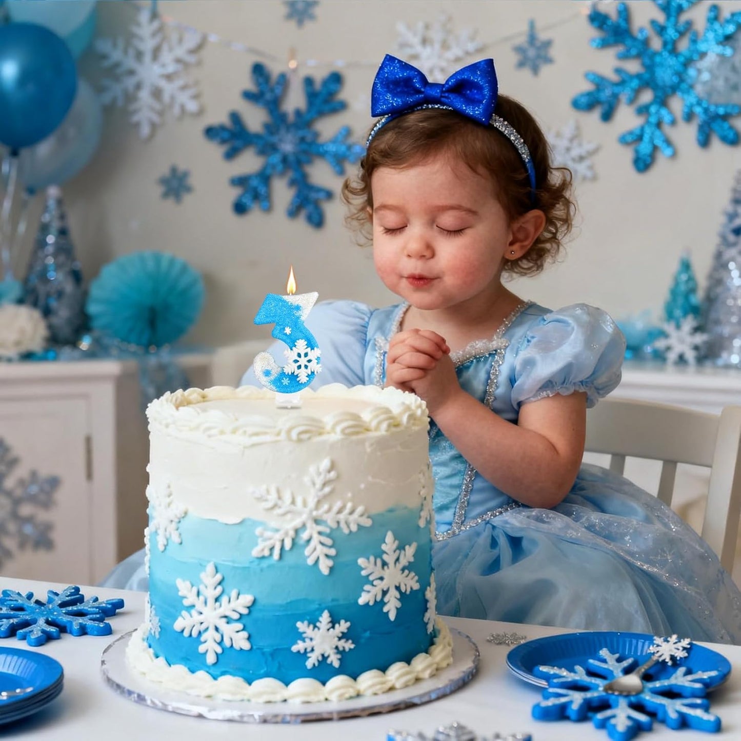 Frozen Birthday Party Decorations, Number 3 Birthday Candle, Frozen Birthday Party Favors, Happy Birthday Candle for Cake, Blue Snowflake Cake Topper Decoration for 3rd 3 Year Old Party Favor Supplies
