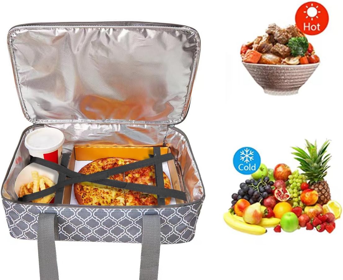 Insulated Casserole Carrier Fit 9"x13" Lasagna Baking Dish for Hot or Cold Food Transport,Thermal Lunch Warmer Tote Bag Upgrade add Fixing Strap for Gathering,Camping,Travel,Cookouts,Parties-Grey