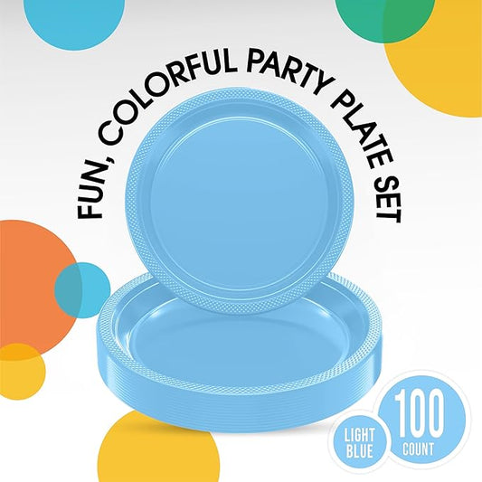 Party Solids Light Blue Plastic Plates For Party Supplies, Light Blue Disposable Plates 100 Pieces - 50-7" & 50-9" Heavy Duty 350 GSM Disposable Dinnerware Sets, Plastic Dinnerware Sets