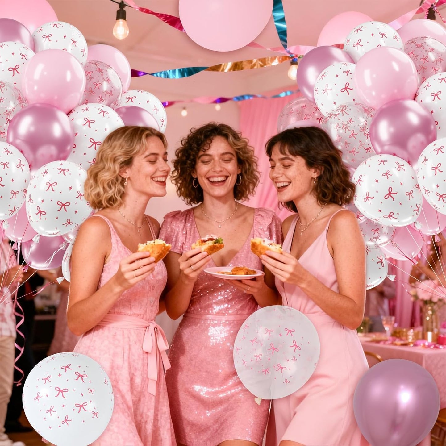 Netnology Pink Bow Balloons, 60Pcs 12 Inch Light Pink Metallic Pink Clear White Bow Balloon for Girls Women Princess Coquette Birthday Baby Shower Bridal Shower Wedding Bachelorette Party Decorations